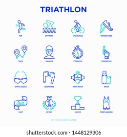 Triathlon thin line icons set: runner, swimmer, cycling race, stopwatch, starting, gun, sport glasses, start, victory, success. Modern vector illustration.