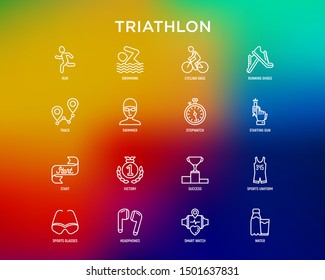 Triathlon thin line icons set: runner, swimmer, cycling race, stopwatch, starting, gun, sport glasses, start, victory, success. Modern vector illustration.