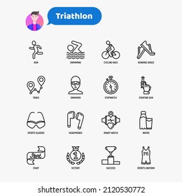 Triathlon Thin Line Icons Set: Runner, Swimmer, Cycling Race, Stopwatch, Starting, Gun, Sport Glasses, Start, Victory, Success. Modern Vector Illustration.