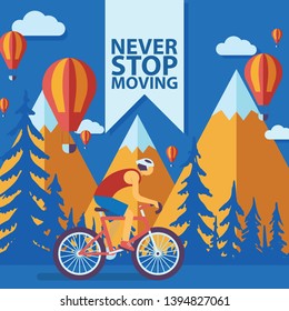 Triathlon track vector illustration. Never stop moving concept banner, poster, brochure, flyer. Cartoon male cyclist riding a bike in mountains with hot-air balloons. Road cycling, cycling tour.