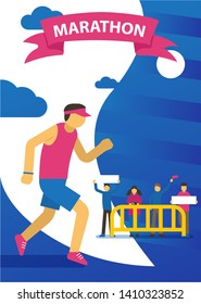 Triathlon track vector illustration. Running marathon, competition. Cartoon running sportsman in sportswear. People supporting athletes. Healthy lifestyle. Fit and strong male character.