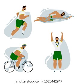 Triathlon vector set. Athletic man running, biking, swimming and holding hands up with sport medal. Cartoon character for web and mobile apps