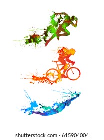 Triathlon vector watercolor set. Splash paint silhouettes