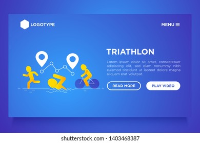 Triathlon web page template with gradient flat icons: runner, swimmer, cyclist and route with pointers. Modern vector illustration for sport competition.