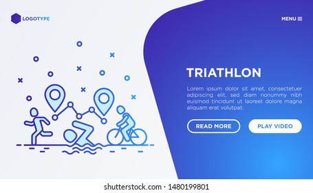 Triathlon web page template with thin line icons: runner, swimmer, cyclist and route with pointers. Modern vector illustration for sport competition.