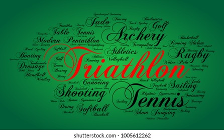 Triathlon. Word Cloud , Elegant Cursive Font, Green Gradient Background. Summer Sports.