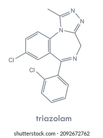 Triazolam structure. Benzodiazepine drug molecule used in treatment of insomnia and sleep disorders. Chemical formula.