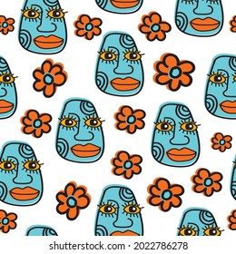 Tribal Abstract Face Seamless Pattern