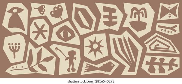 Tribal abstract pattern and symbol vector set. Ethnic geometric designs with folk motifs, primitive icons and indigenous inspired elements for textiles, packaging, posters, branding and decorative background.
