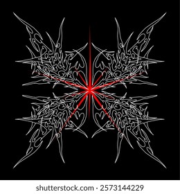 Tribal abstract vector design with sharp symmetrical patterns, red and black accents, ideal for gothic, tattoo, and decorative themes, suitable for digital or print use