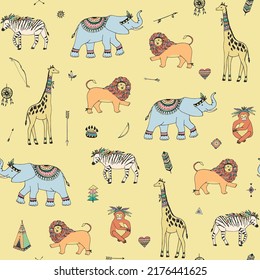 Tribal african animals vector seamless pattern