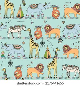 Tribal african animals vector seamless pattern