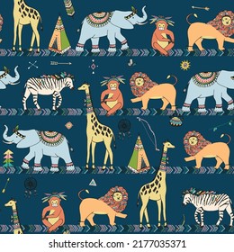 Tribal african animals vector seamless pattern