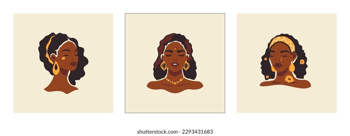 Tribal African black woman portrait summer golden jewelry boho aesthetic hand drawn paint set vector flat illustration. Afro female face hair yellow flower chic earrings accessories minimal modern art