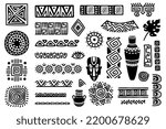 Tribal african design elements. Ethnic traditional shapes and ornaments, black and white ritual mask, vases and borders. Hand drawn dividers and mystic symbols isolated on white vector set