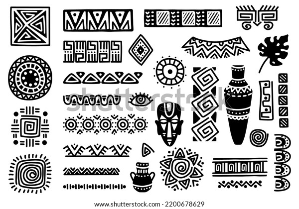 Tribal\
african design elements. Ethnic traditional shapes and ornaments,\
black and white ritual mask, vases and borders. Hand drawn dividers\
and mystic symbols isolated on white vector\
set