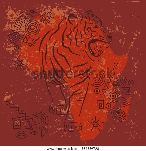 Tribal African design. Silhouette of angry tiger. 