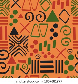 Tribal African ethnic seamless pattern with simple lines and figures in red, black and green. Traditional organic ornament for wallpaper, textile, paper, fabric. Memphis style design vector.