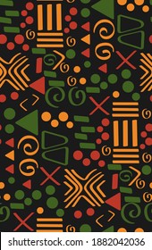 Patrón ininterrumpido de la etnia tribal africana con líneas y figuras simples en rojo, amarillo y verde. Vector tradicional Memphis adorno para fondo, textil, papel, tela. Kwanzaa, mes de la historia negra