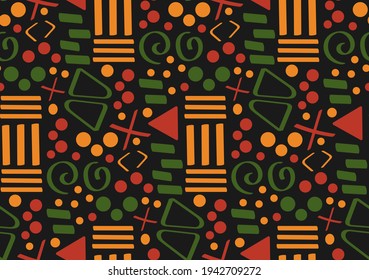 Patrón ininterrumpido de la etnia tribal africana con líneas y figuras simples en rojo, amarillo y verde. Vector de fondo negro tradicional, textil, papel, tela. Kwanzaa, mes de la historia negra, 19 de junio