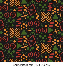 Tribal African ethnic seamless pattern with simple lines and figures in red, yellow and green. Vector traditional black background, textile, paper, fabric. Kwanzaa, Black history month, Juneteenth