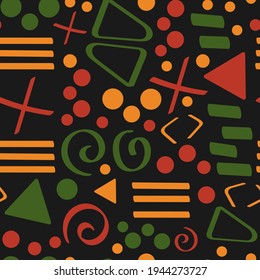 Tribal African ethnic seamless pattern with simple lines and figures in red, yellow and green. Vector traditional black background, textile, paper, fabric. Kwanzaa, Black history month, Juneteenth