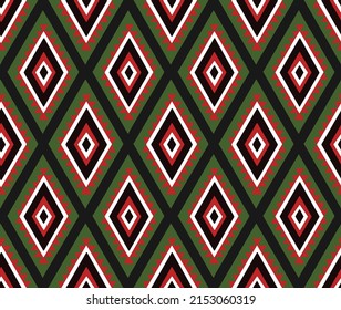 Tribal African ethnic seamless pattern with simple lines and figures in red, white and green. Vector traditional black background, textile, paper, fabric. Kwanzaa, Black history month, Juneteenth.