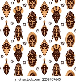 Tribal African face masks Seamless Pattern. Traditional bushmen aborigines of Africa. Ethnic symbol masks. Vector Illustration