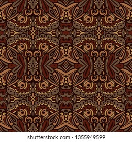 Tribal african flower ethnic seamless design. Folk ethnic indian geometric ornamental textile seamless pattern. Brown damask ikat pattern best for textile wallpaper and fabric