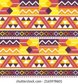 Tribal african Kente fabric print or textile  geometric seamless vector pattern, inspired designs from Ghana in yellow, orange and red. Abstract repetitive wallpaper ornament native to the Akan group