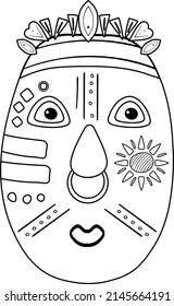 Tribal african mask with a nose ring. Coloring page. Cartoon vector illustration
