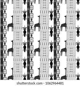 Tribal African patterns. Giraffes, lizards, lines, circles. Black and white seamless pattern. Vector illustration.