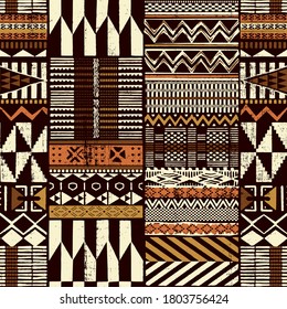 Tribal African style fabric patchwork abstract vector seamless pattern ethnic wallpaper