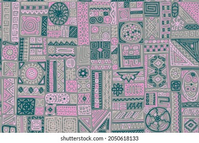 Tribal african vector seamless ornament. Dress fabric print design. Freehand geometric ethnic tribal bali swatch. Cool doodle patchwork. Summer dress print ornament.