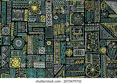 Tribal african vector seamless ornament. Apparel textile print design. African or indian ethnic tribal hand drawn swatch. Simple doodle patchwork. Zigzag stripe rhombus elements texture.
