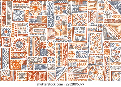 Tribal african vector seamless ornament. Apparel textile print design. Freehand geometric ethnic tribal gypsy swatch. Chic doodle patchwork. Decorative embroidery pattern.