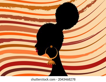 Tribal Afro hairstyles, Woman hair bun style for curly hair, beauty Curly Puff for Extension fashion hair, vector isolated on African pattern textile background 