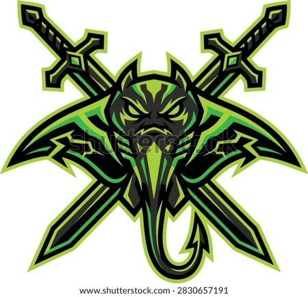 Tribal aggressive elephant head mascot with glowing green accents crossed by sharp swords symbol for gaming or sports team