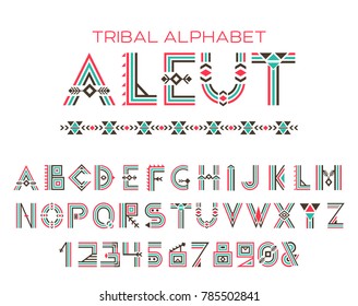 Alfabeto tribal Aleut. Conjunto cirílico histórico nativo de letras e figuras, caracteres étnicos tradicionais em estilo de costumes e tradições da cultura do Alasca. Ilustração vetorial