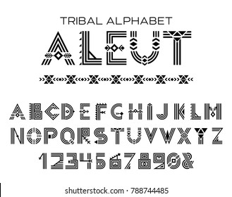 Alfabeto tribal Aleut. Conjunto cirílico histórico nativo de letras e figuras, caracteres étnicos tradicionais em estilo de costumes e tradições da cultura do Alasca. Ilustração vetorial