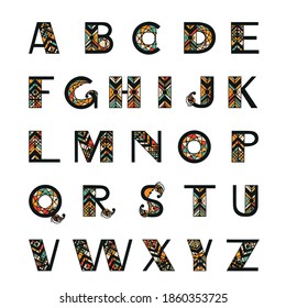 Tribal Alphabet. Capital letters in geometric ethnic style . Vector font illustration