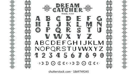 Tribal Alphabet. Letters, numbers and symbols in geometric ethnic style . Vector font illustration