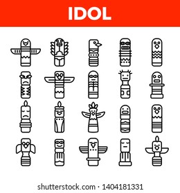 Tribal Ancient Idols Vector Linear Icons Set. Religious Idols. Ethnic Ceremonial Outline Symbols Pack. African Culture, Indian Animal Totems. Native Poles Isolated Contour Illustrations