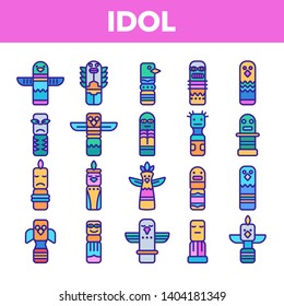 Tribal Ancient Idols Vector Linear Icons Set. Religious Idols. Ethnic Ceremonial Outline Symbols Pack. African Culture, Indian Animal Totems. Native Poles Isolated Contour Illustrations