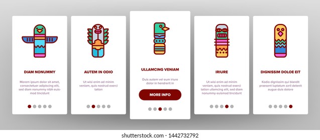 Tribal Ancient Idols Vector Onboarding Mobile App Page Screen. Religious Idols. Ethnic Ceremonial Outline Symbols Pack. African Culture, Indian Animal Totems. Native Poles Isolated Illustrations