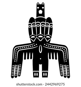 Tribal ancient Siberian totem idol. Permian animal style. Winged pagan shaman deity with three faces. Black and white silhouette.