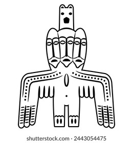 In: Tribal Ancient Siberian Totem Idol. Permischer Tierstil. Flügelige heidnische Schamanen-Gottheit mit drei Gesichtern. Lineare Silhouette in Schwarzweiß.