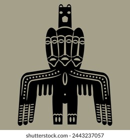 Tribal ancient Siberian totem idol. Permian animal style. Winged pagan shaman deity with three faces. Monochrome silhouette.