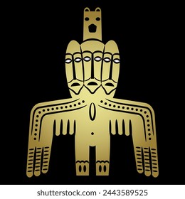 Tribal ancient Siberian totem idol. Permian animal style. Winged pagan shaman deity with three faces. Black and gold silhouette.