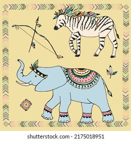 Tribal animals elephant, zebra vector illustrations set